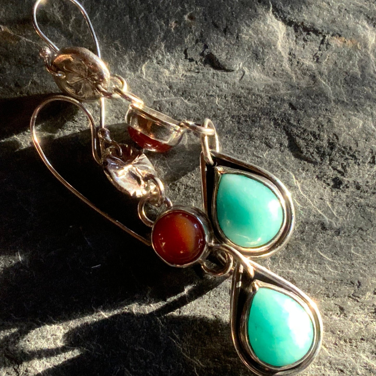 Sterling Silver Teardrop Amazonite and Carnelian Dangle Earrings - Evitts Creek Arts