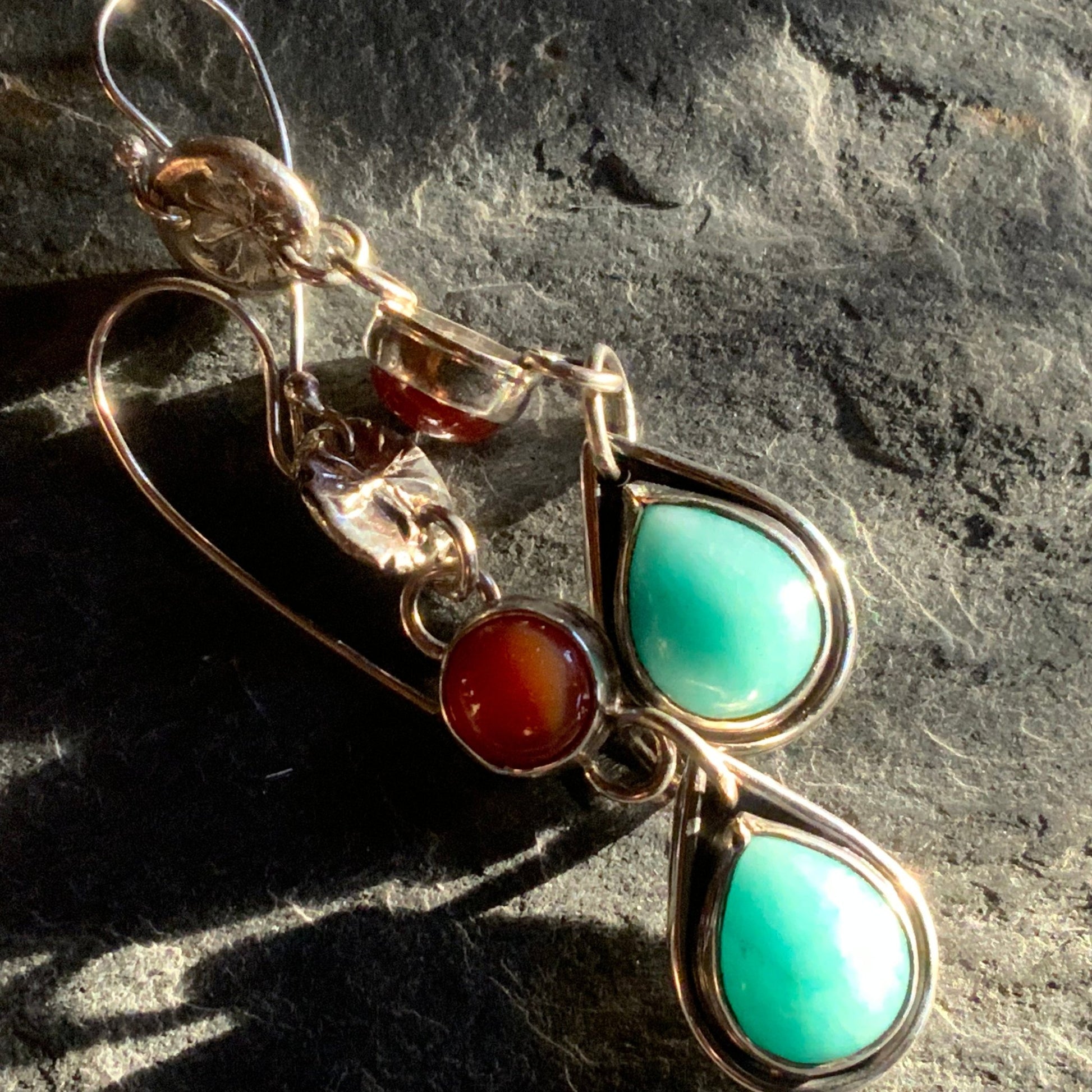 Sterling Silver Teardrop Amazonite and Carnelian Dangle Earrings - Evitts Creek Arts