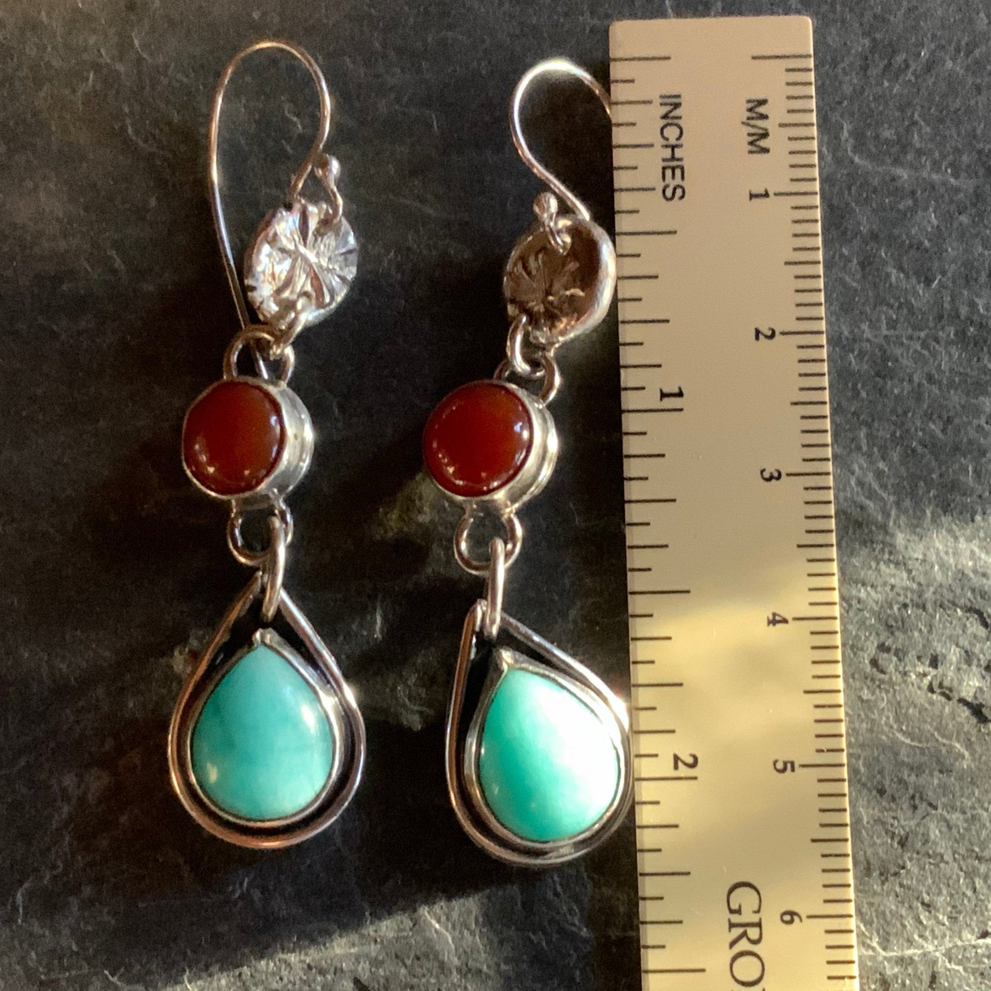 Sterling Silver Teardrop Amazonite and Carnelian Dangle Earrings - Evitts Creek Arts