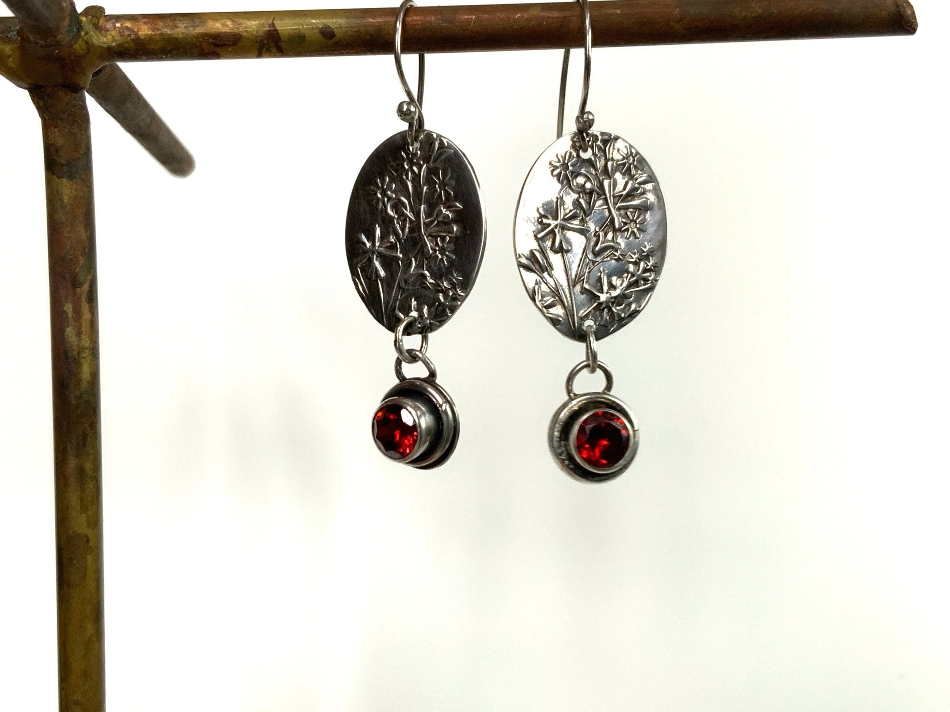 Wildflower Sterling Earrings with Red CZ - Evitts Creek Arts