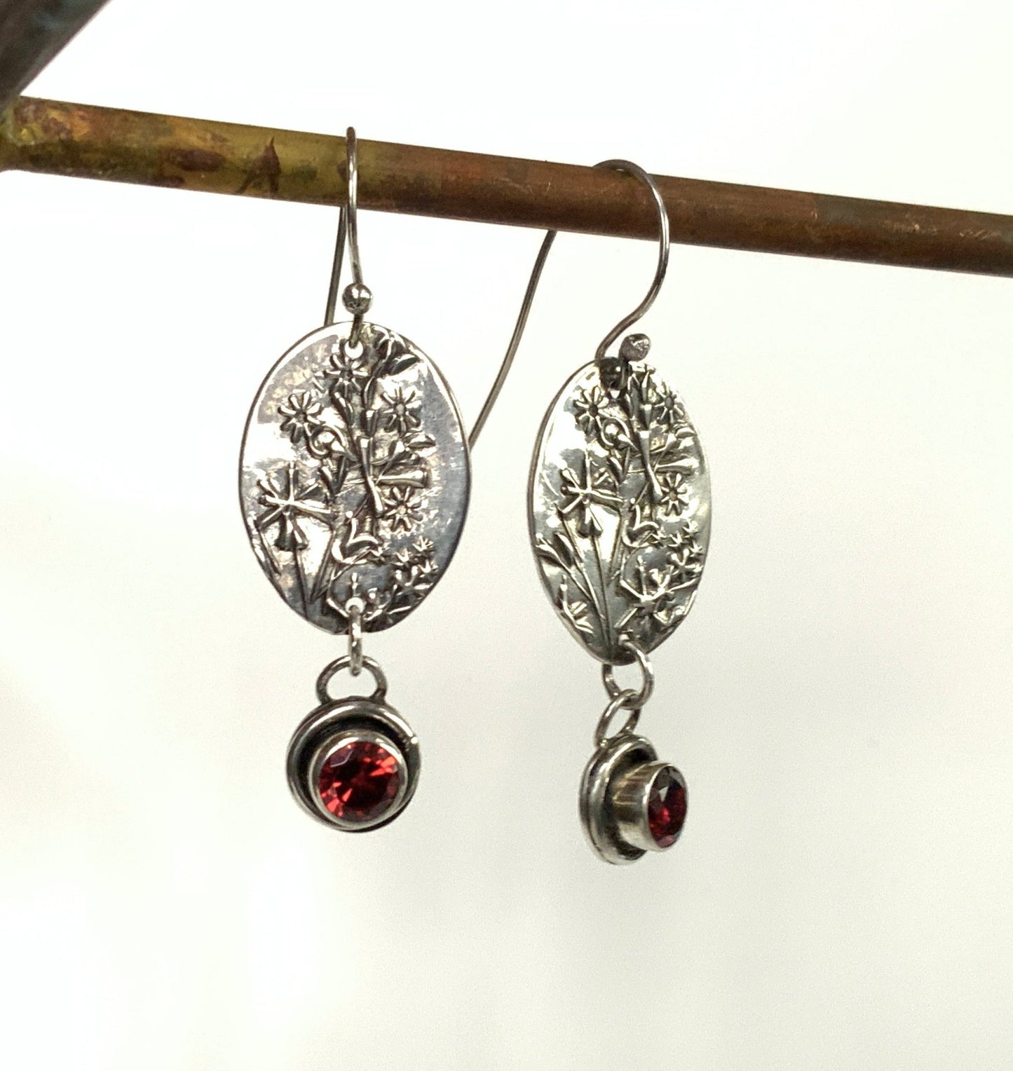 Wildflower Sterling Earrings with Red CZ - Evitts Creek Arts