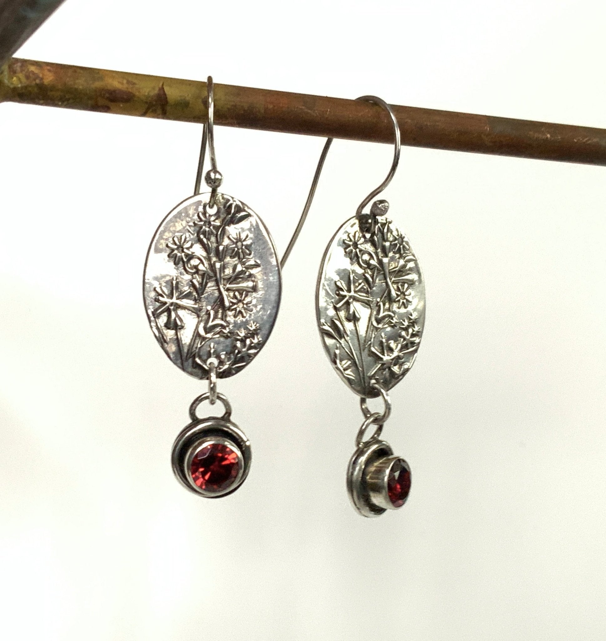 Wildflower Sterling Earrings with Red CZ - Evitts Creek Arts