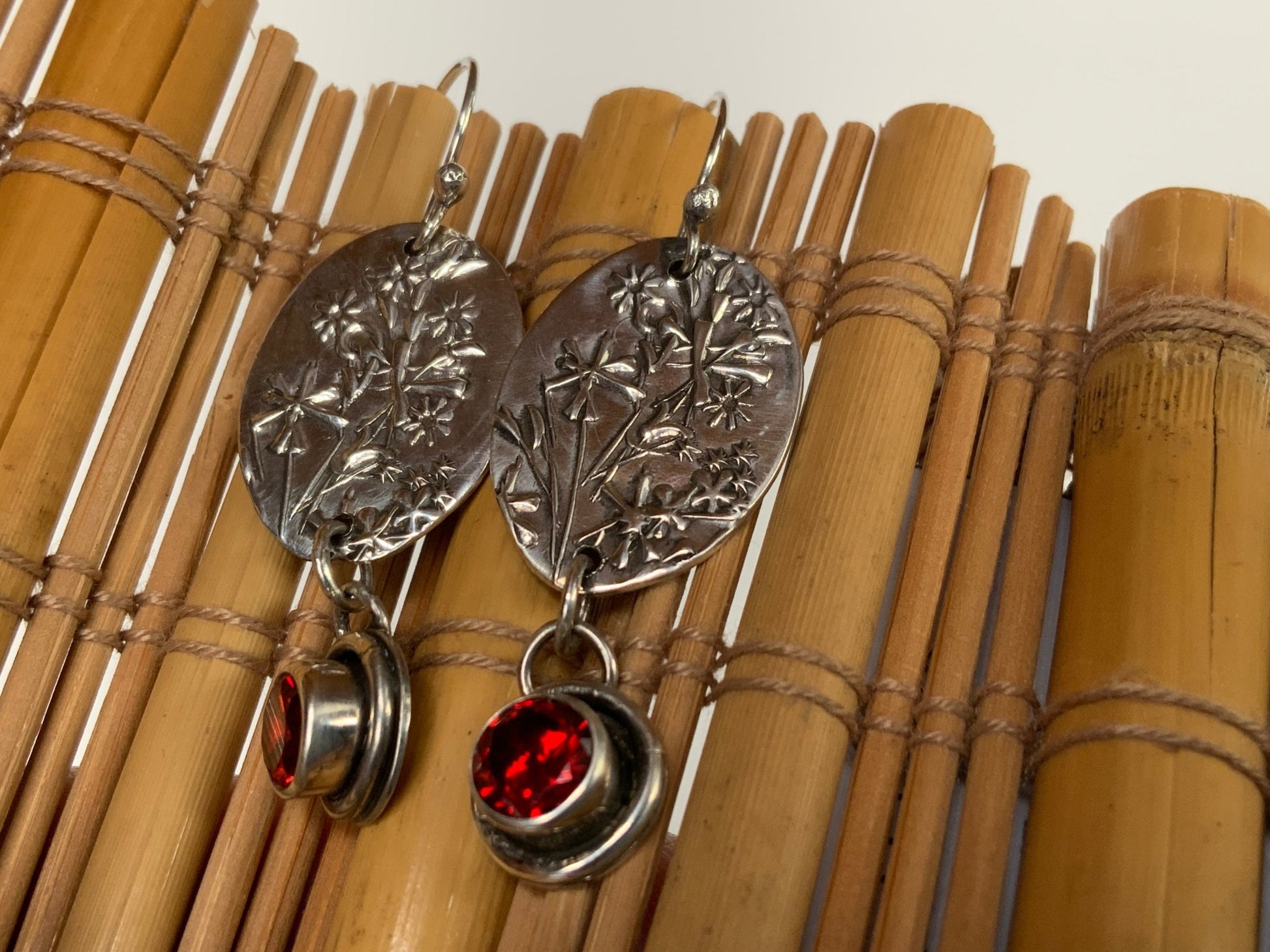 Wildflower Sterling Earrings with Red CZ - Evitts Creek Arts