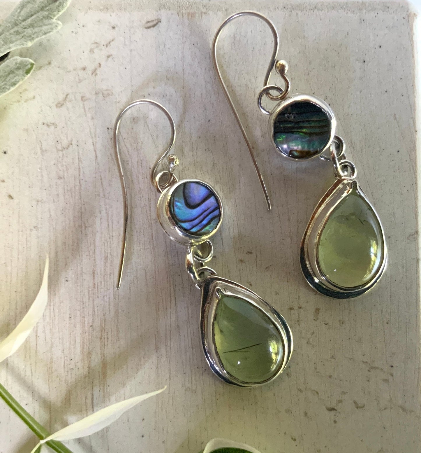 Abalone and Prehnite Earrings - Evitts Creek Arts