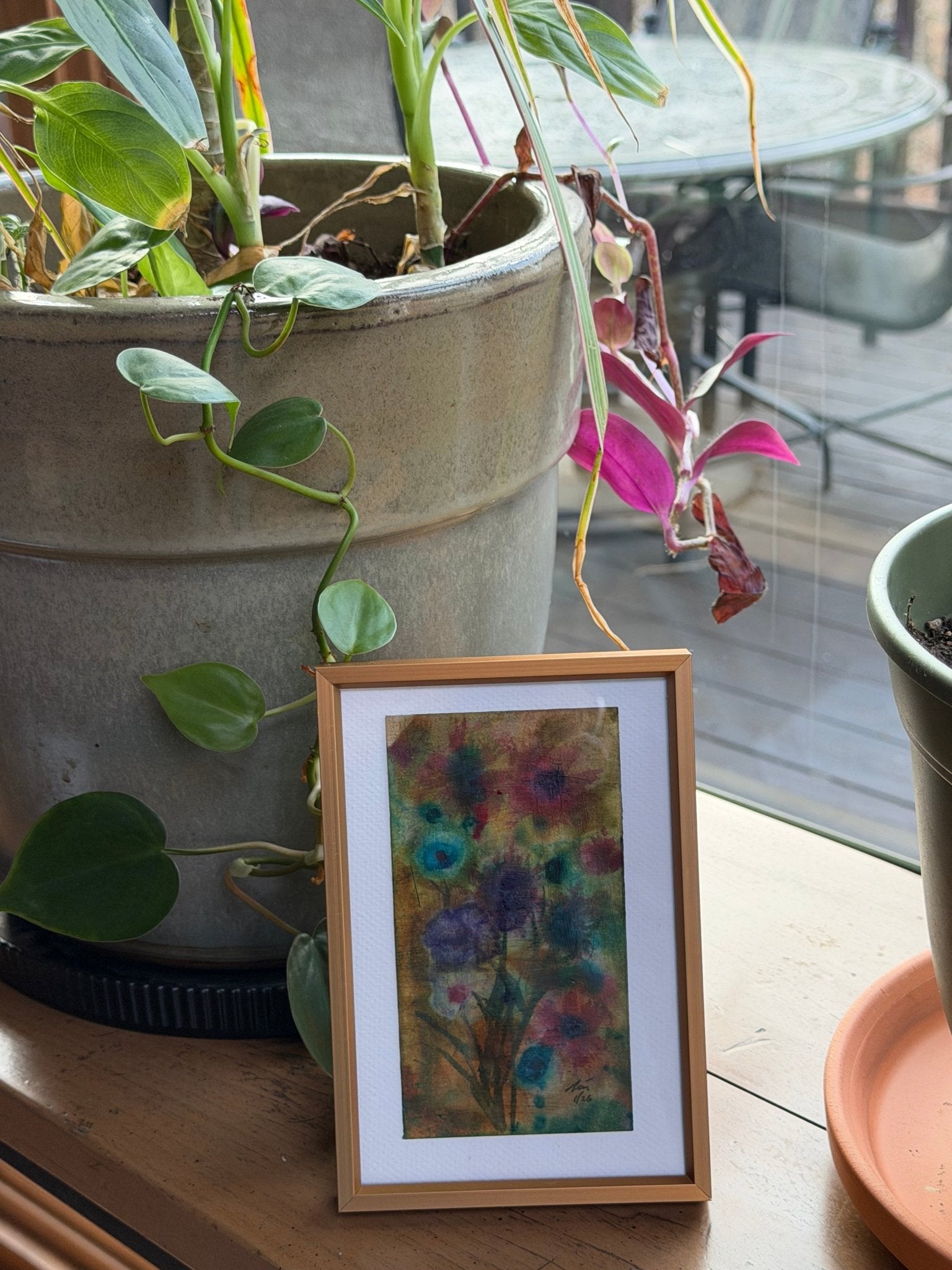 Floral Tiny original painting of abstract flowers by Evitts Creek Arts. Nature-inspired art for small spaces. Arts