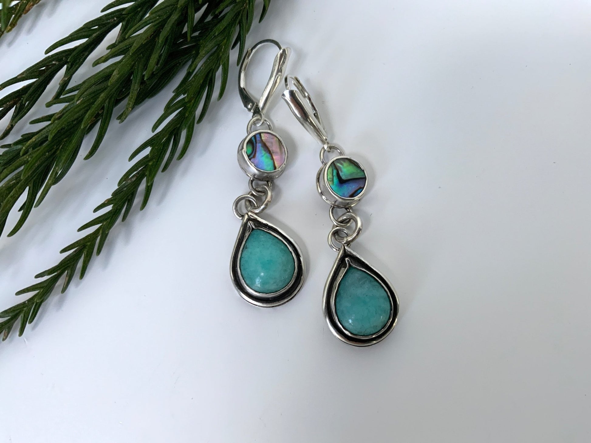 Amazonite and Abalone Drop Dangle Sterling Silver Earrings - Evitts Creek Arts