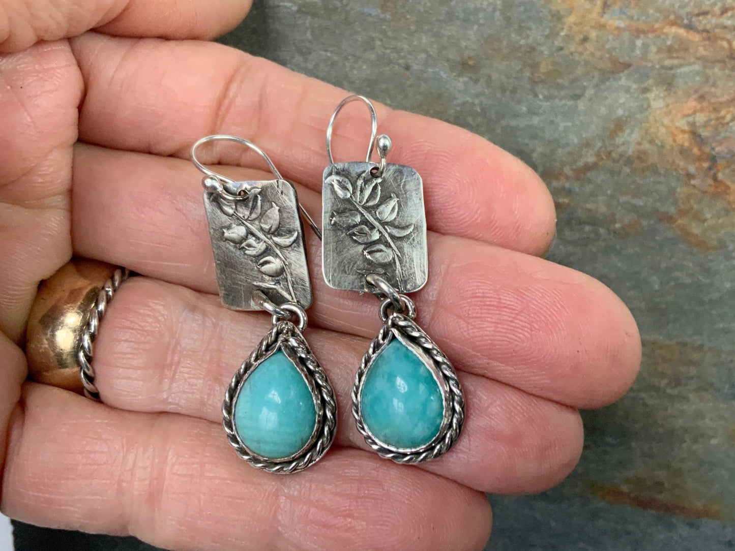 Amazonite and Leaves Nature Lover Earring - Evitts Creek Arts