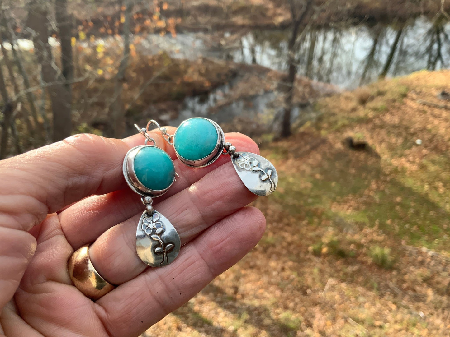 Amazonite Silver Flower Earrings - Evitts Creek Arts