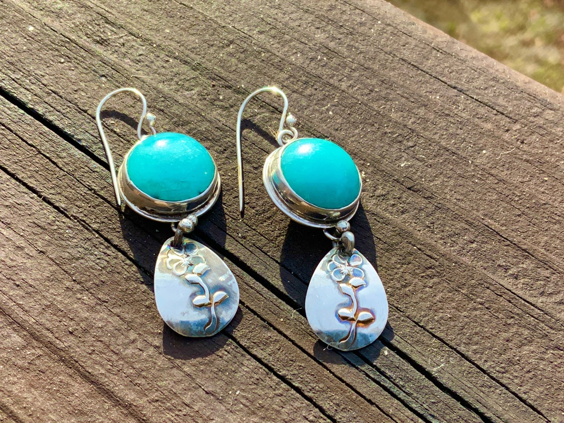 Amazonite Silver Flower Earrings - Evitts Creek Arts