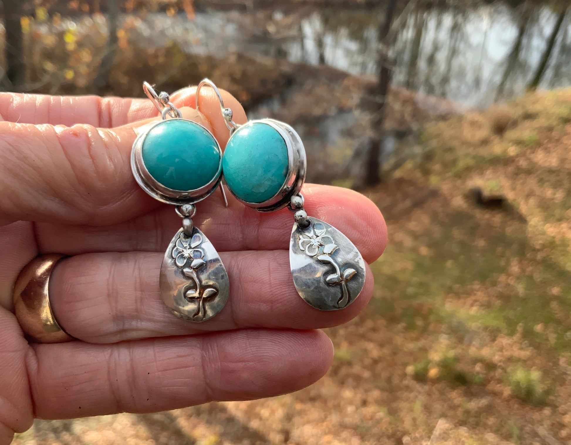 Amazonite Silver Flower Earrings - Evitts Creek Arts