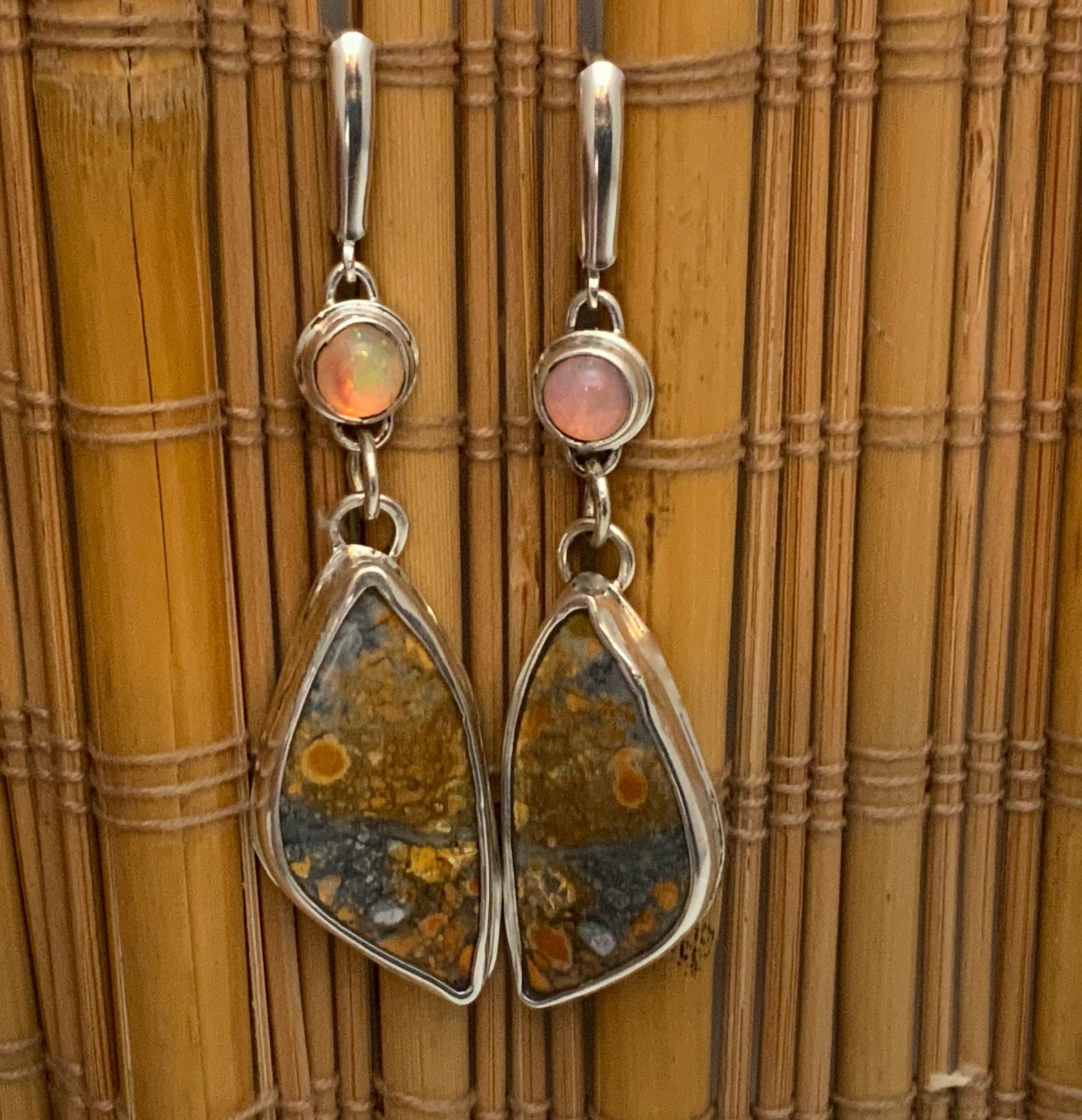 Butterfly jasper and Welo Opal Silver Earrings - Evitts Creek Arts