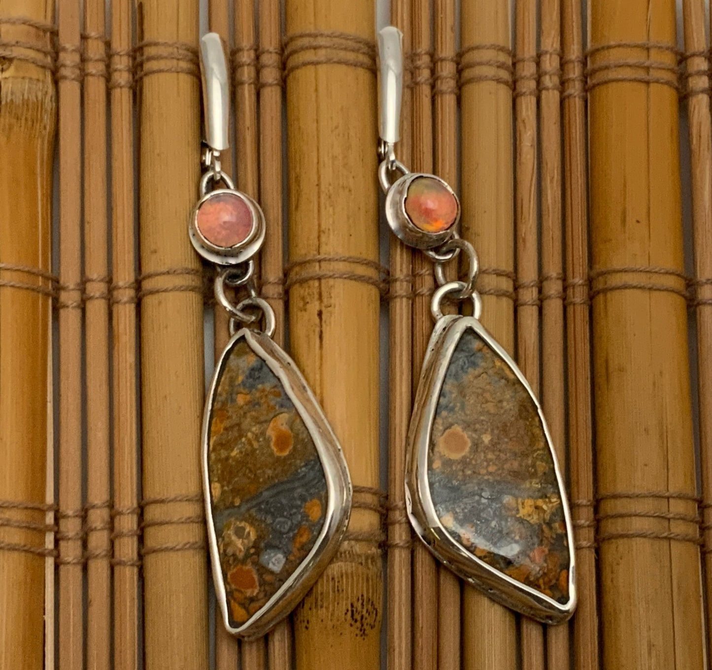 Butterfly jasper and Welo Opal Silver Earrings - Evitts Creek Arts