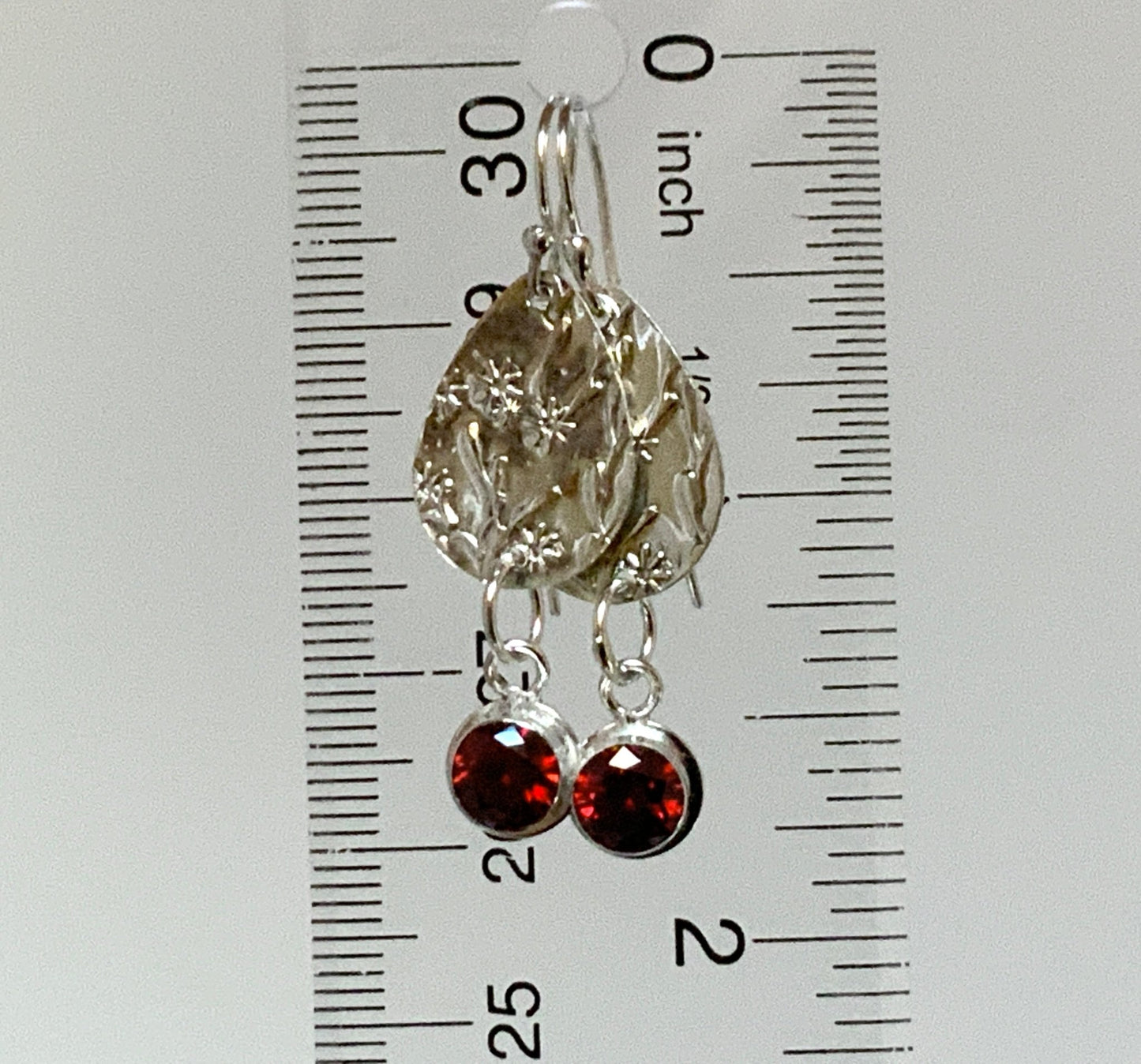 Garnet CZ Embossed Silver Earrings - Evitts Creek Arts