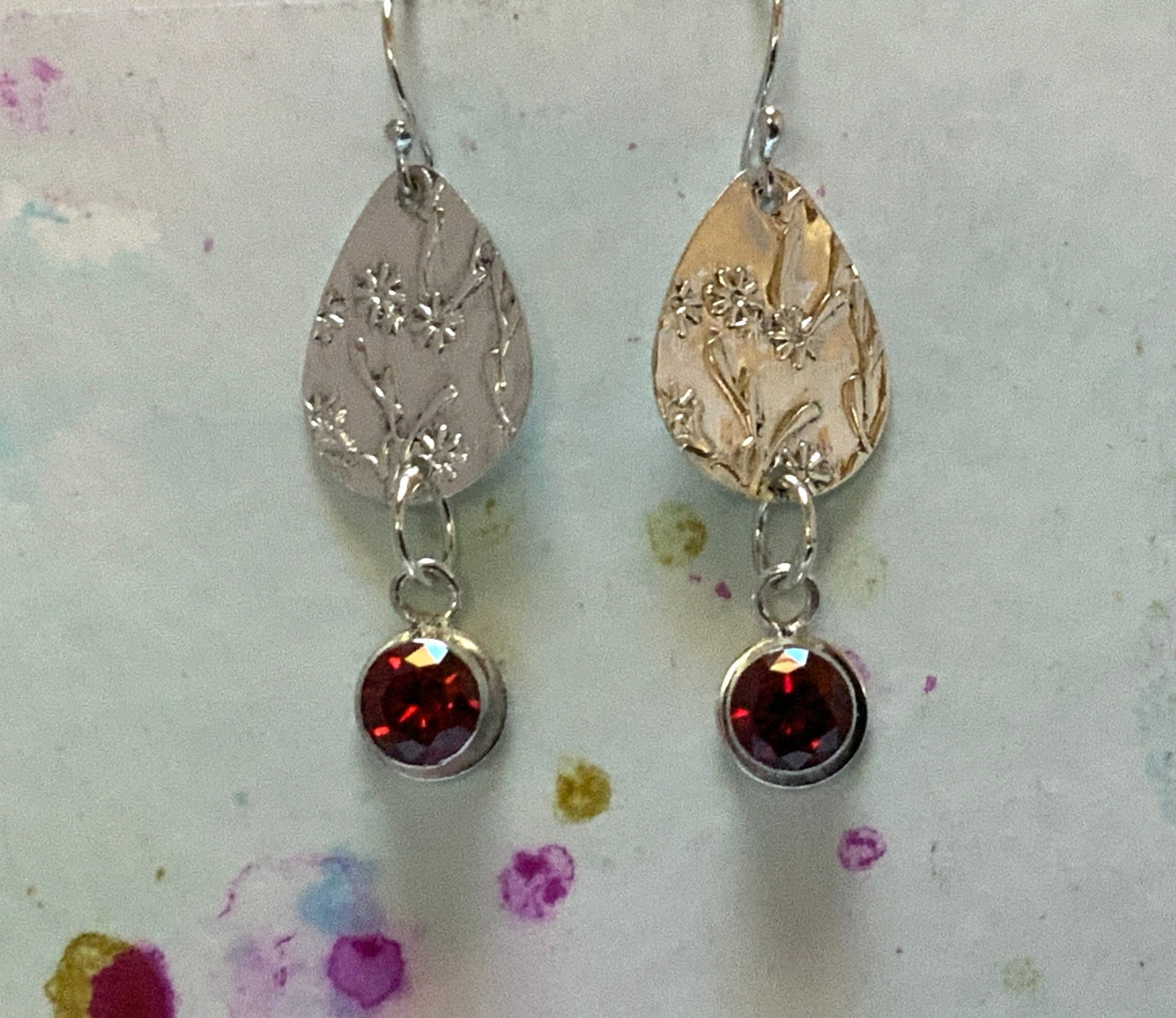 Garnet CZ Embossed Silver Earrings - Evitts Creek Arts