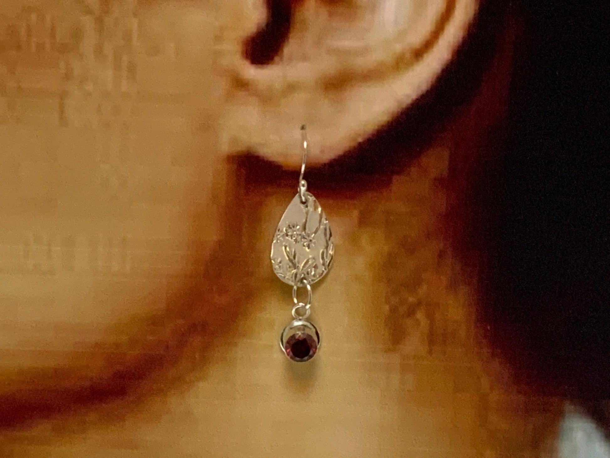 Garnet CZ Embossed Silver Earrings - Evitts Creek Arts