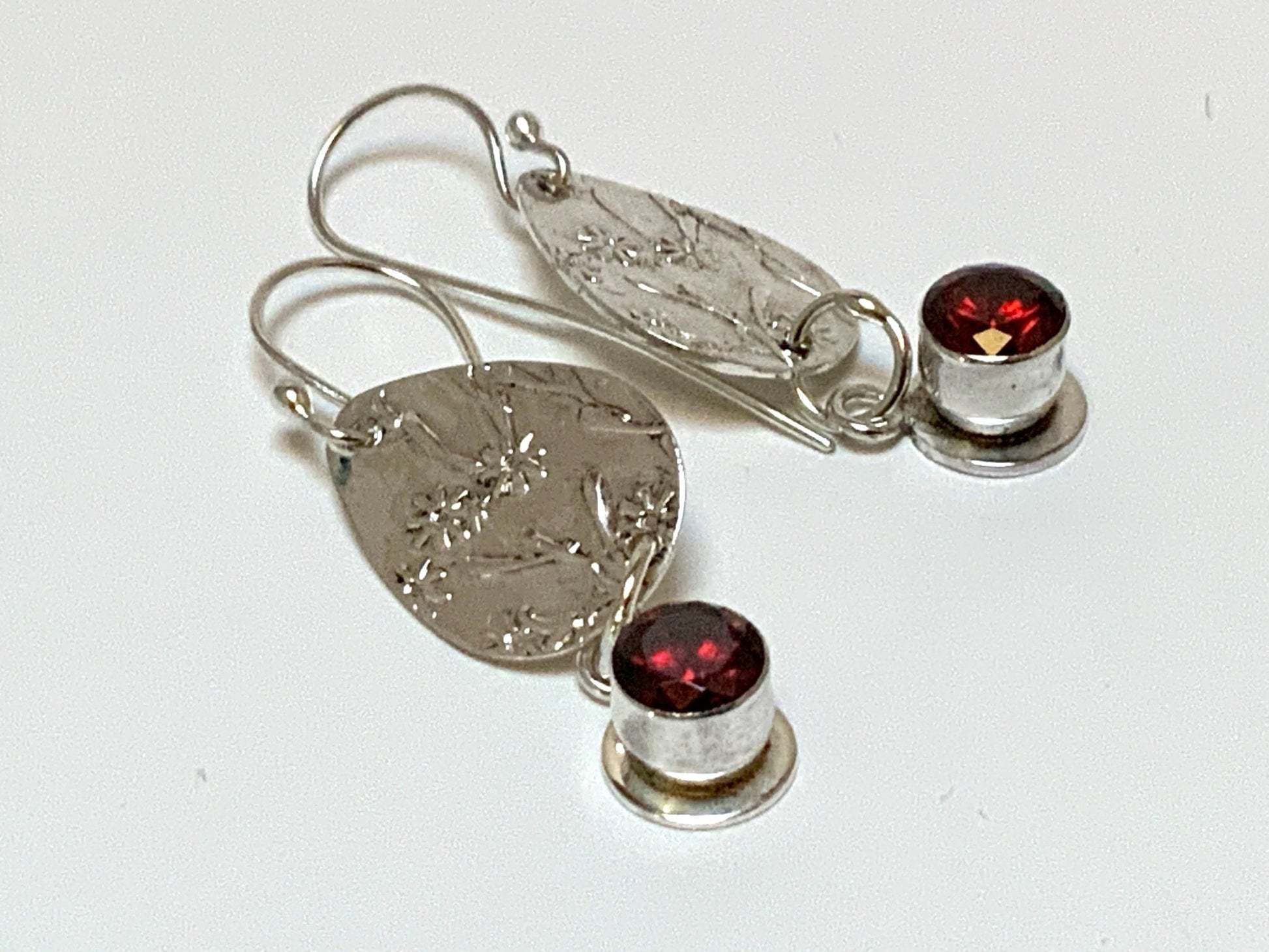 Garnet CZ Embossed Silver Earrings - Evitts Creek Arts