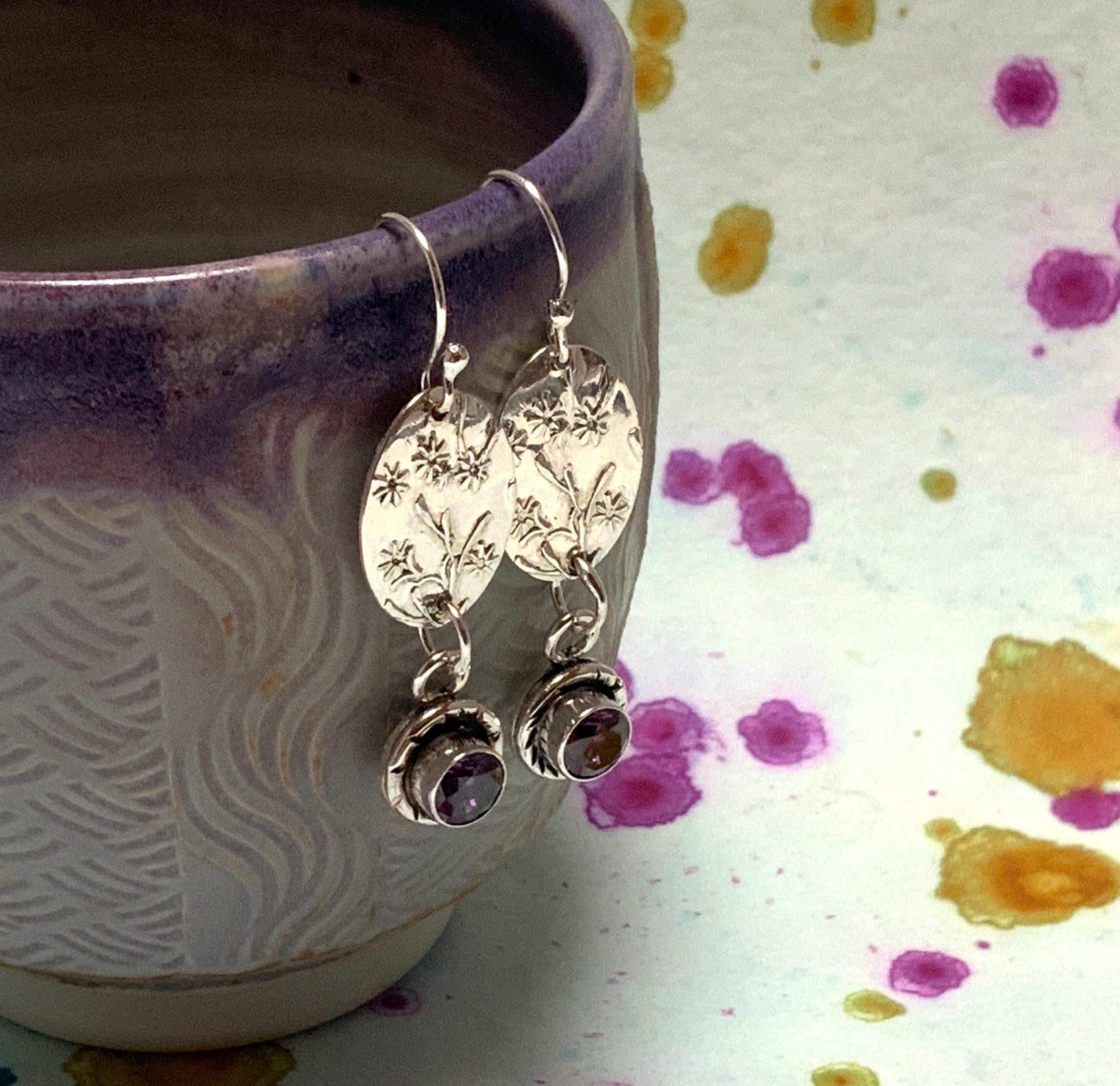 Handmade Sterling Silver Earrings with Embossed Art Nouveau Pattern and Purple Amethyst Accent - Bohemian 1920s Inspired Jewelry - Evitts Creek Arts