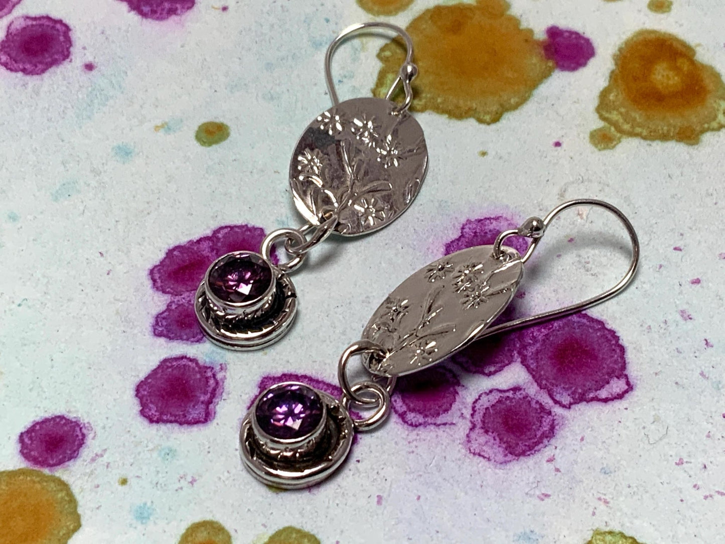 Handmade Sterling Silver Earrings with Embossed Art Nouveau Pattern and Purple Amethyst Accent - Bohemian 1920s Inspired Jewelry - Evitts Creek Arts