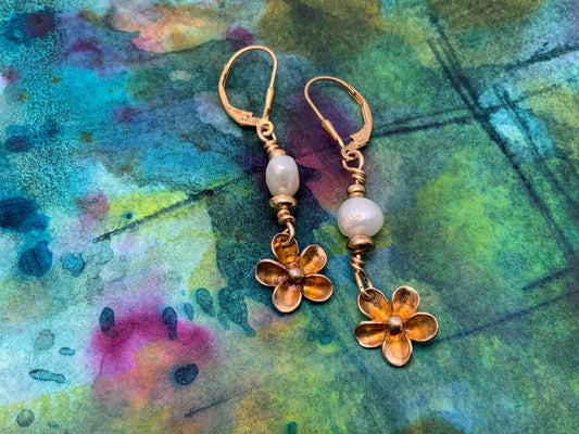 Pearl and Flower Dangly Earrings - Evitts Creek Arts