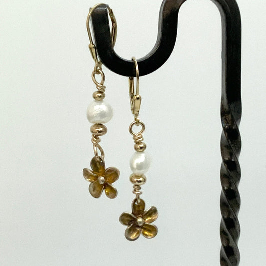 Pearl and Flower Dangly Earrings - Evitts Creek Arts