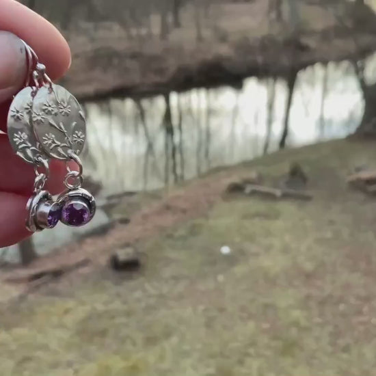 Handmade Sterling Silver Earrings with Embossed Art Nouveau Pattern and Purple Amethyst Accent - Bohemian 1920s Inspired Jewelry