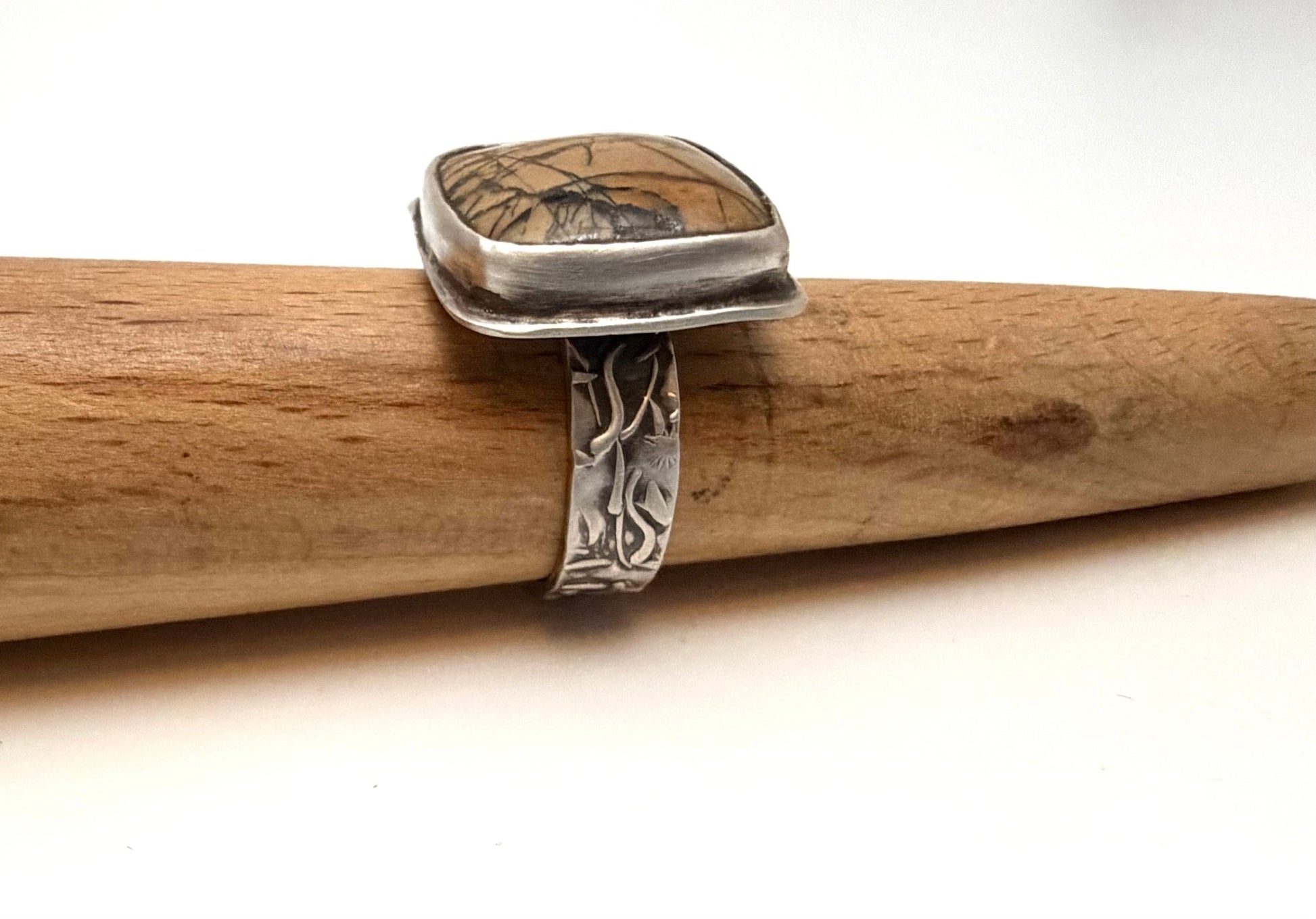 Scenic Jasper Handmade Artisan Ring |Nature Embossed Band | Evitts Creek Arts - Evitts Creek Arts