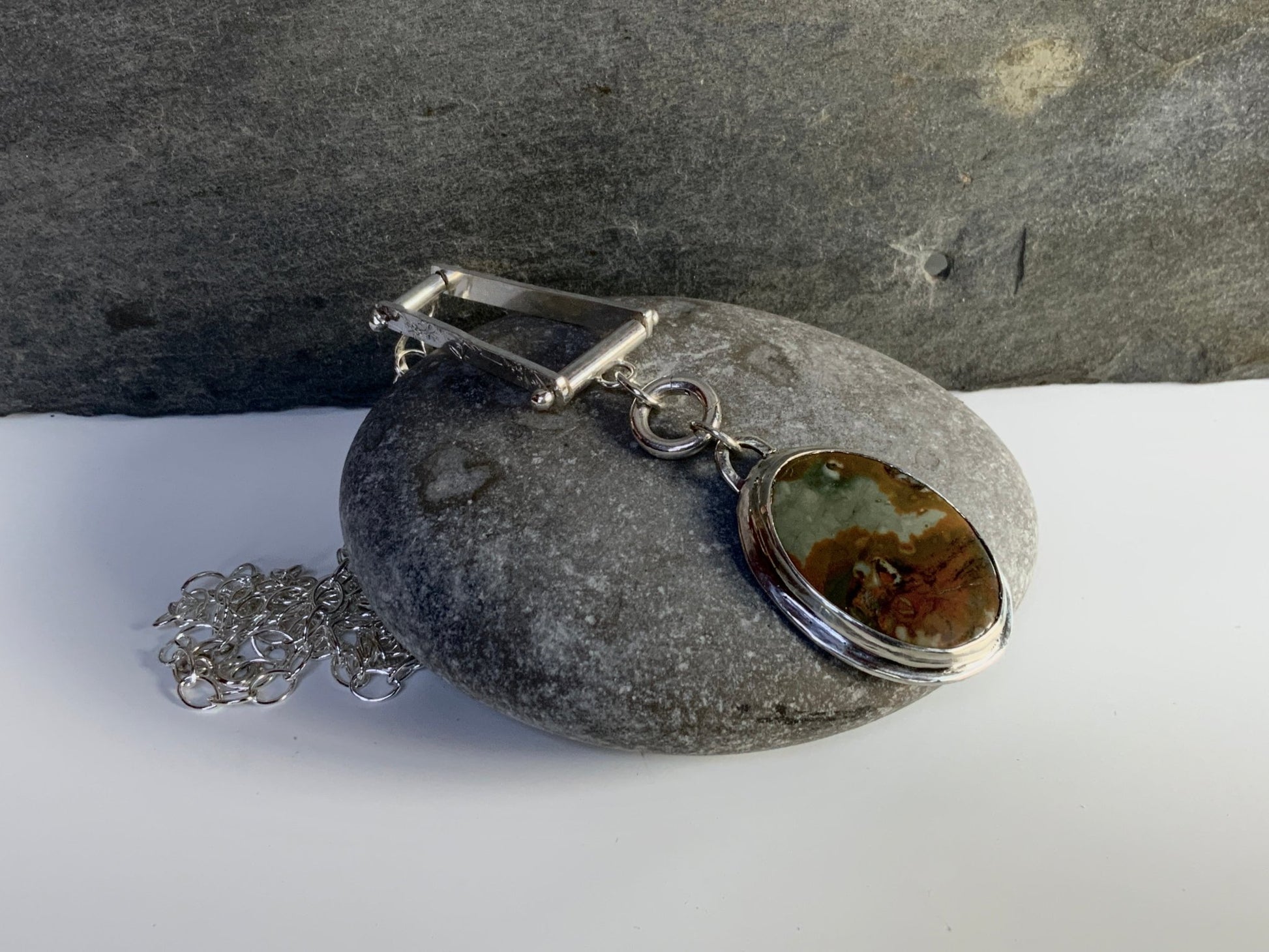 Scenic Jasper pendant on trapeze enhancer - Evitts Creek Arts