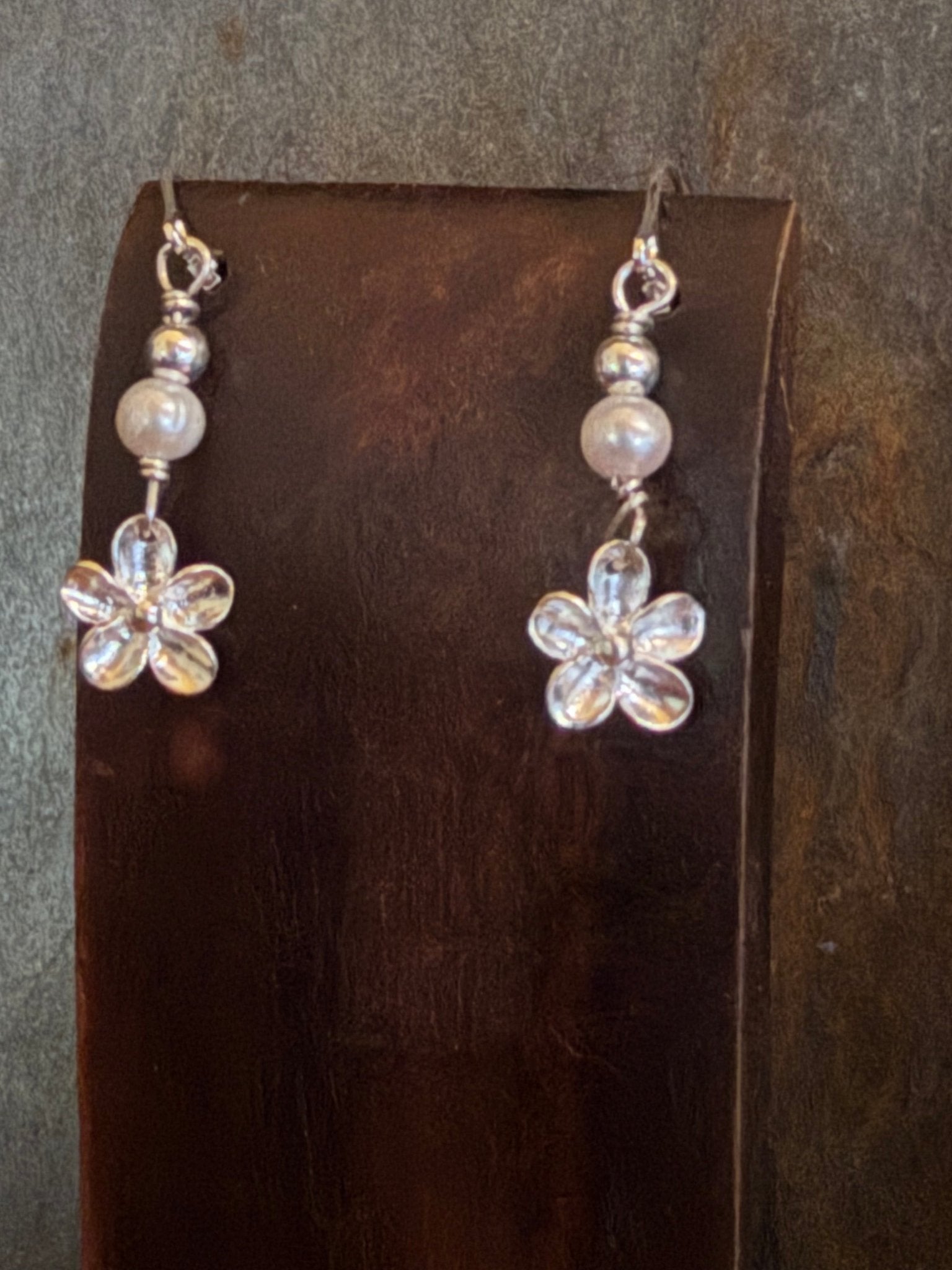 Silver Pearl and Flower Dangly Earrings - Evitts Creek Arts