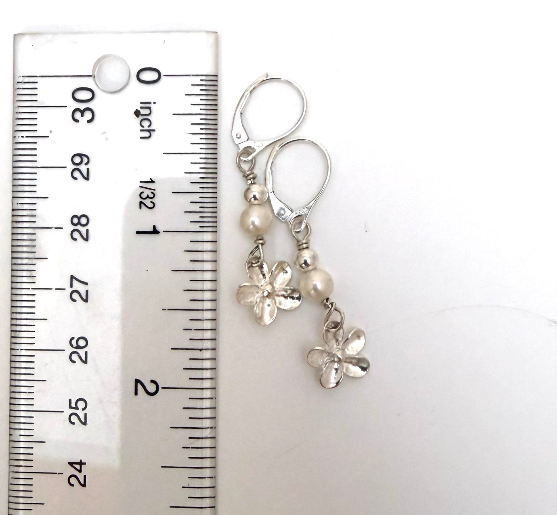Silver Pearl and Flower Dangly Earrings - Evitts Creek Arts