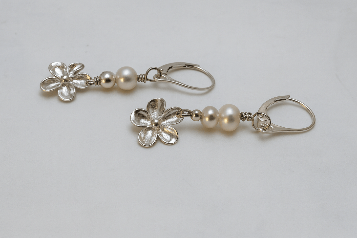 Silver Pearl and Flower Dangly Earrings - Evitts Creek Arts