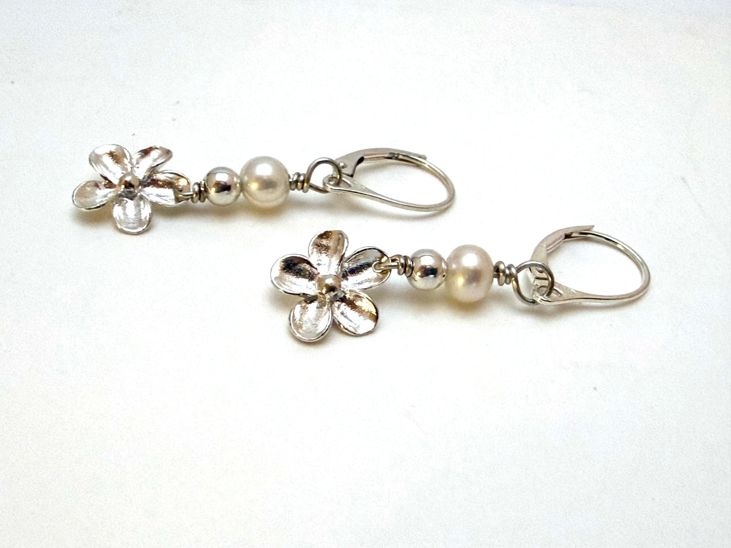 Silver Pearl and Flower Dangly Earrings - Evitts Creek Arts
