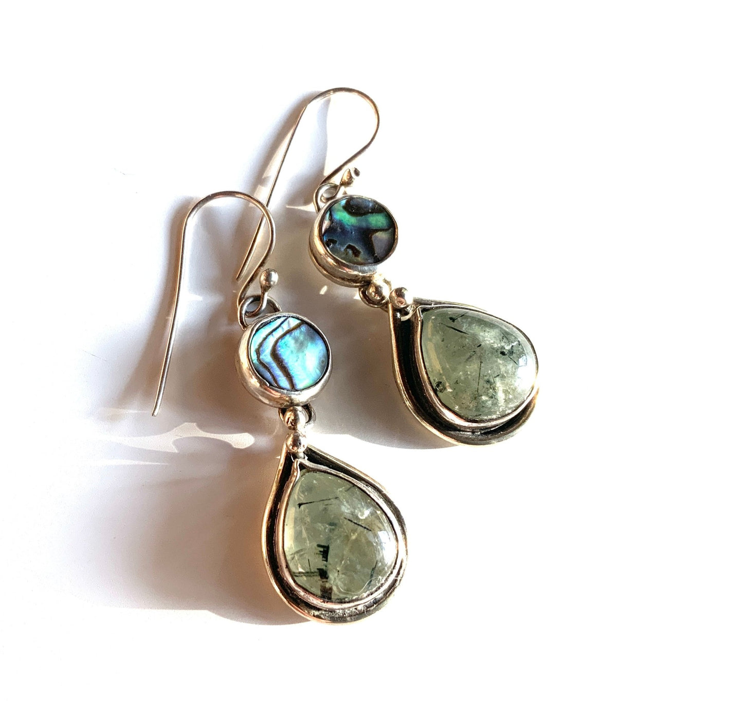 Teardrop Prehnite and Abalone Earrings - Evitts Creek Arts