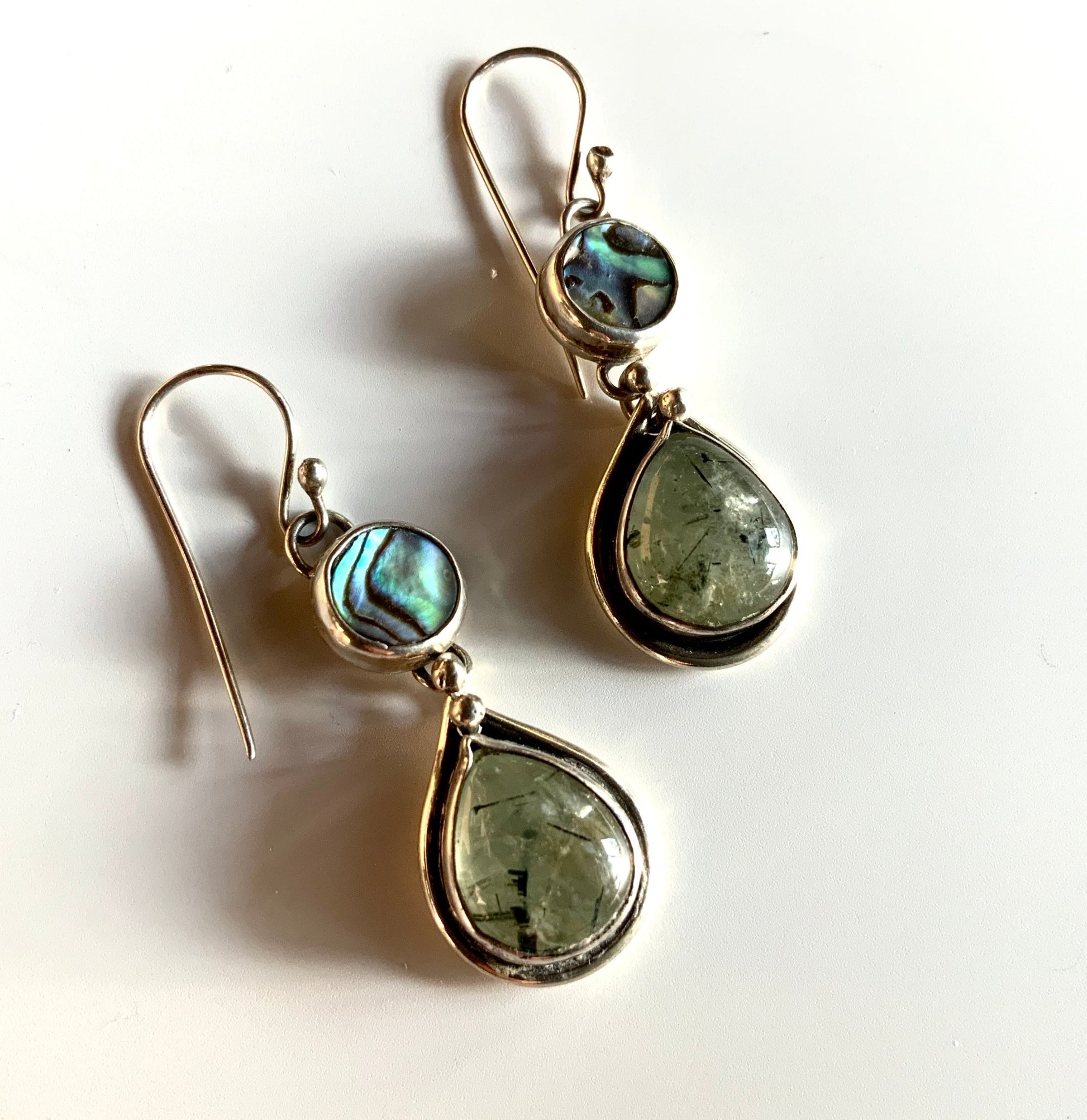 Teardrop Prehnite and Abalone Earrings - Evitts Creek Arts