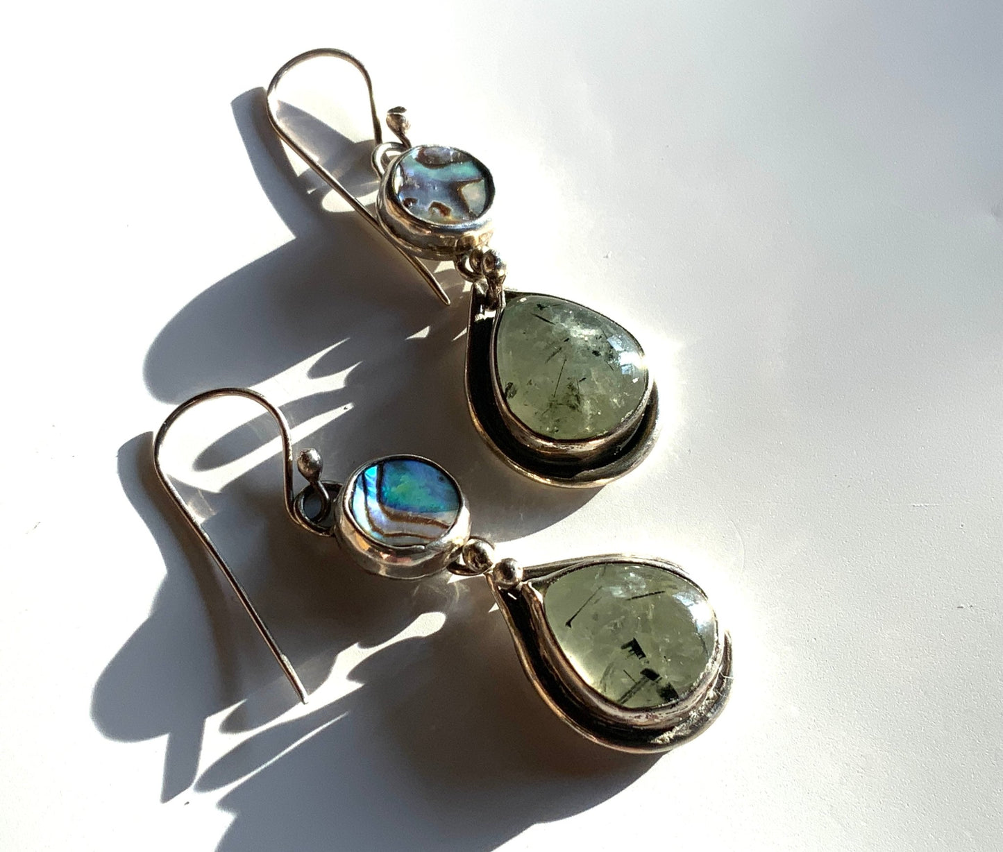 Teardrop Prehnite and Abalone Earrings - Evitts Creek Arts