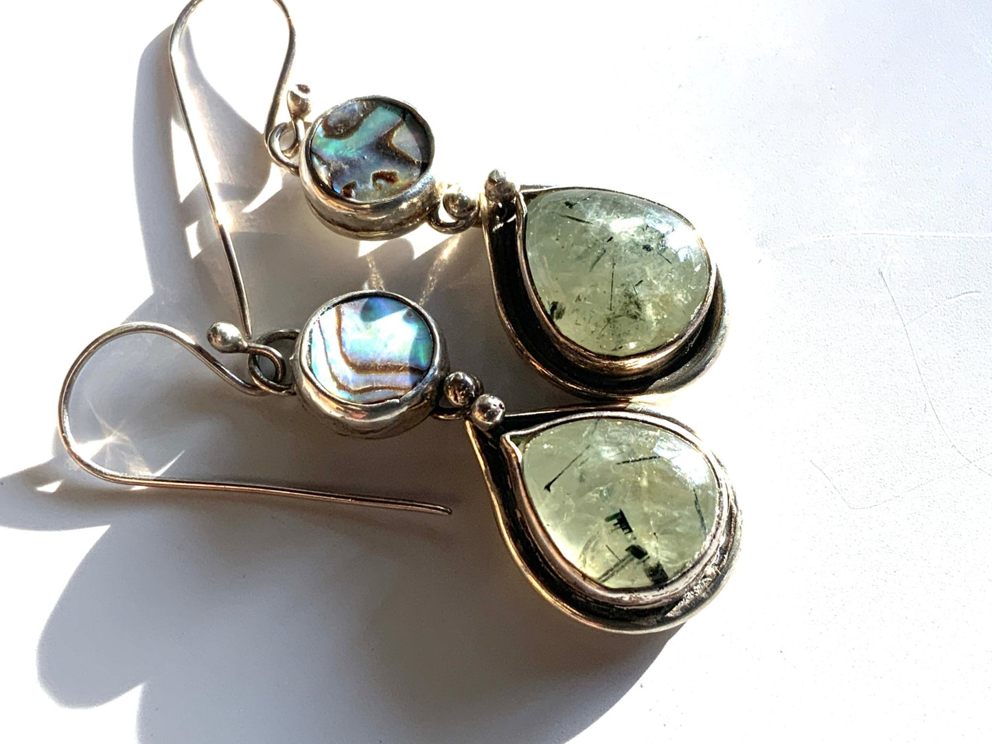 Teardrop Prehnite and Abalone Earrings - Evitts Creek Arts