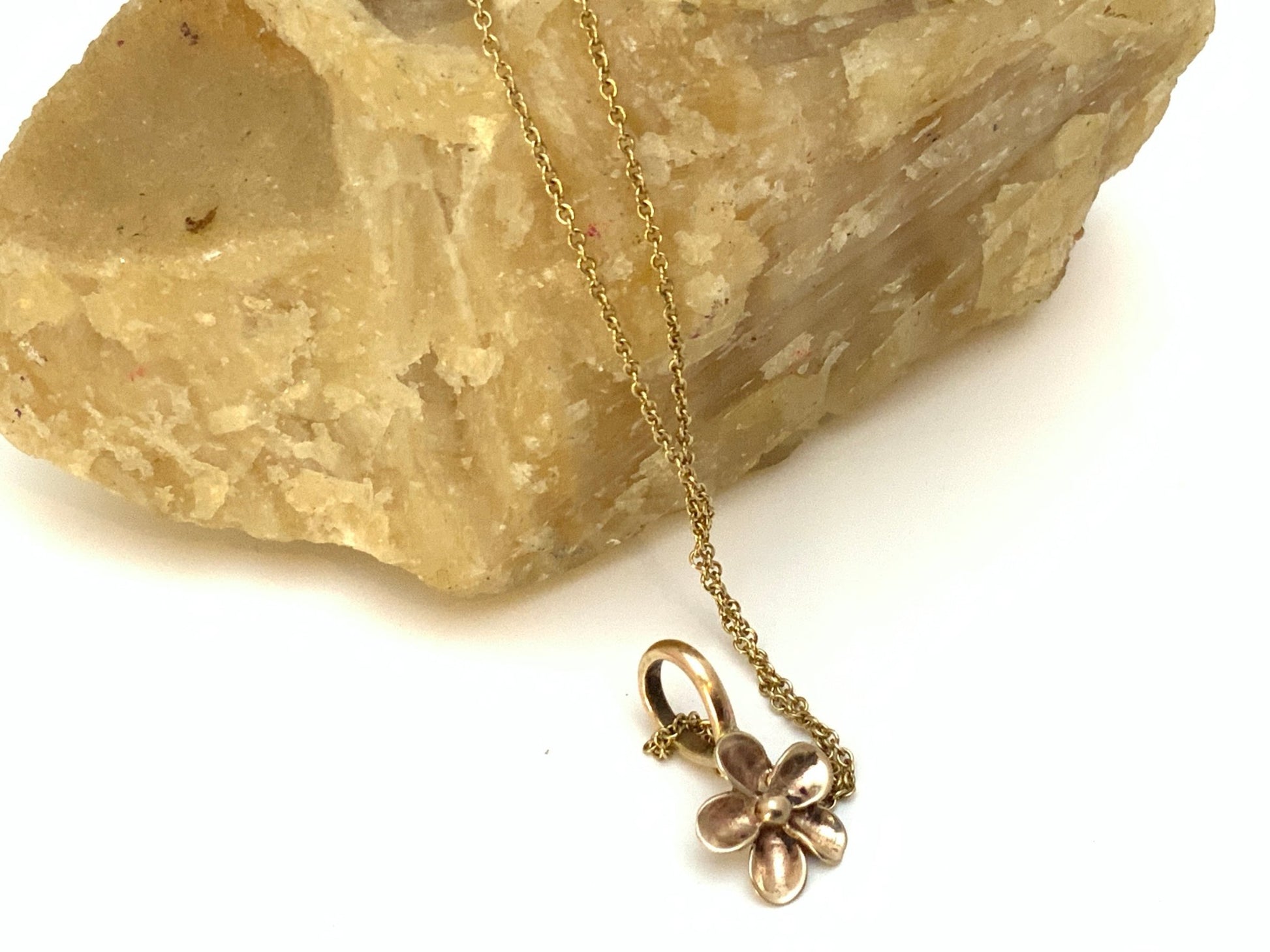 Tiny Bronze Flower Necklace with 18” Gold Fill Chain - Evitts Creek Arts