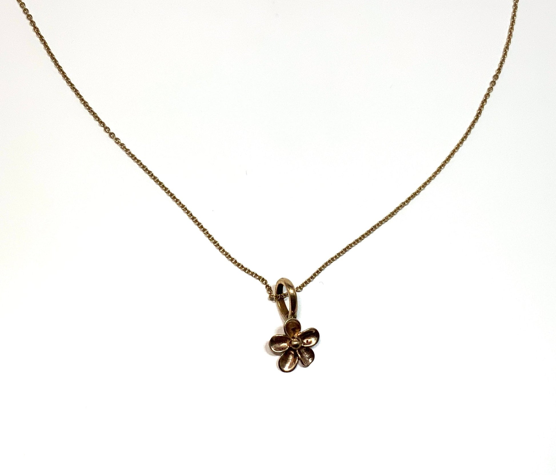 Tiny Bronze Flower Necklace with 18” Gold Fill Chain - Evitts Creek Arts