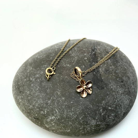 Tiny Bronze Flower Necklace with 18” Gold Fill Chain - Evitts Creek Arts