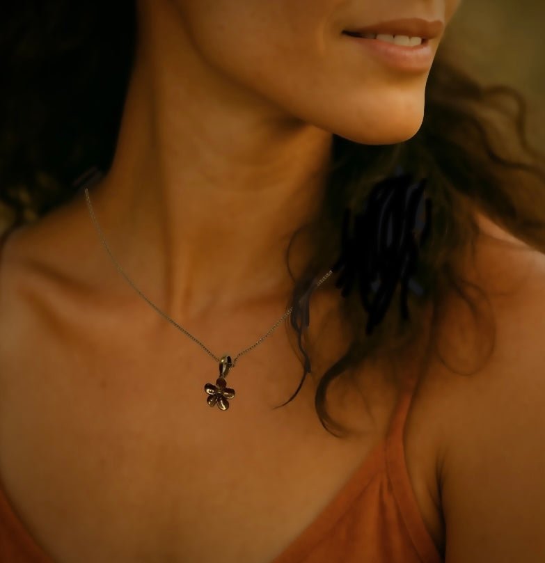 Tiny Bronze Flower Necklace with 18” Gold Fill Chain - Evitts Creek Arts