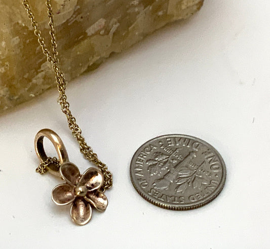 Tiny Bronze Flower Necklace with 18” Gold Fill Chain - Evitts Creek Arts