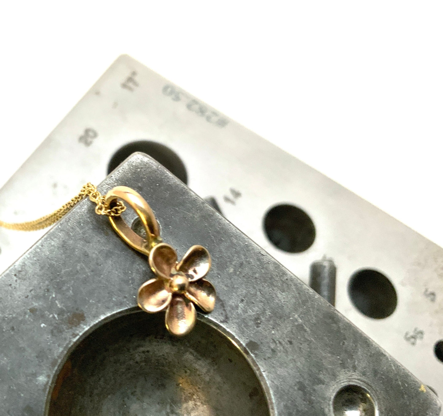 Tiny Bronze Flower Necklace with 18” Gold Fill Chain - Evitts Creek Arts