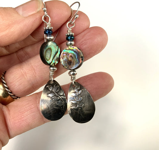Abalone and Leaf Earrings Sterling Silver - Evitts Creek Arts