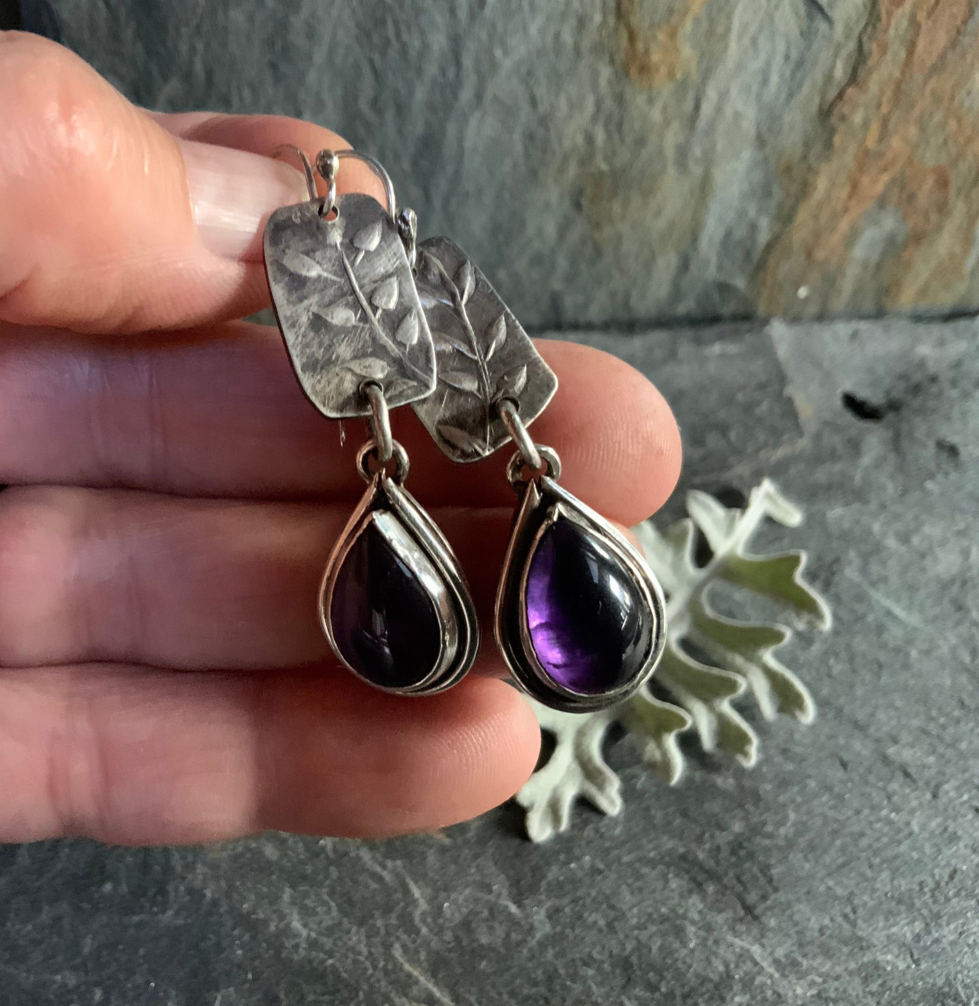 Amethyst and Silver Teardrop Earrings - Evitts Creek Arts