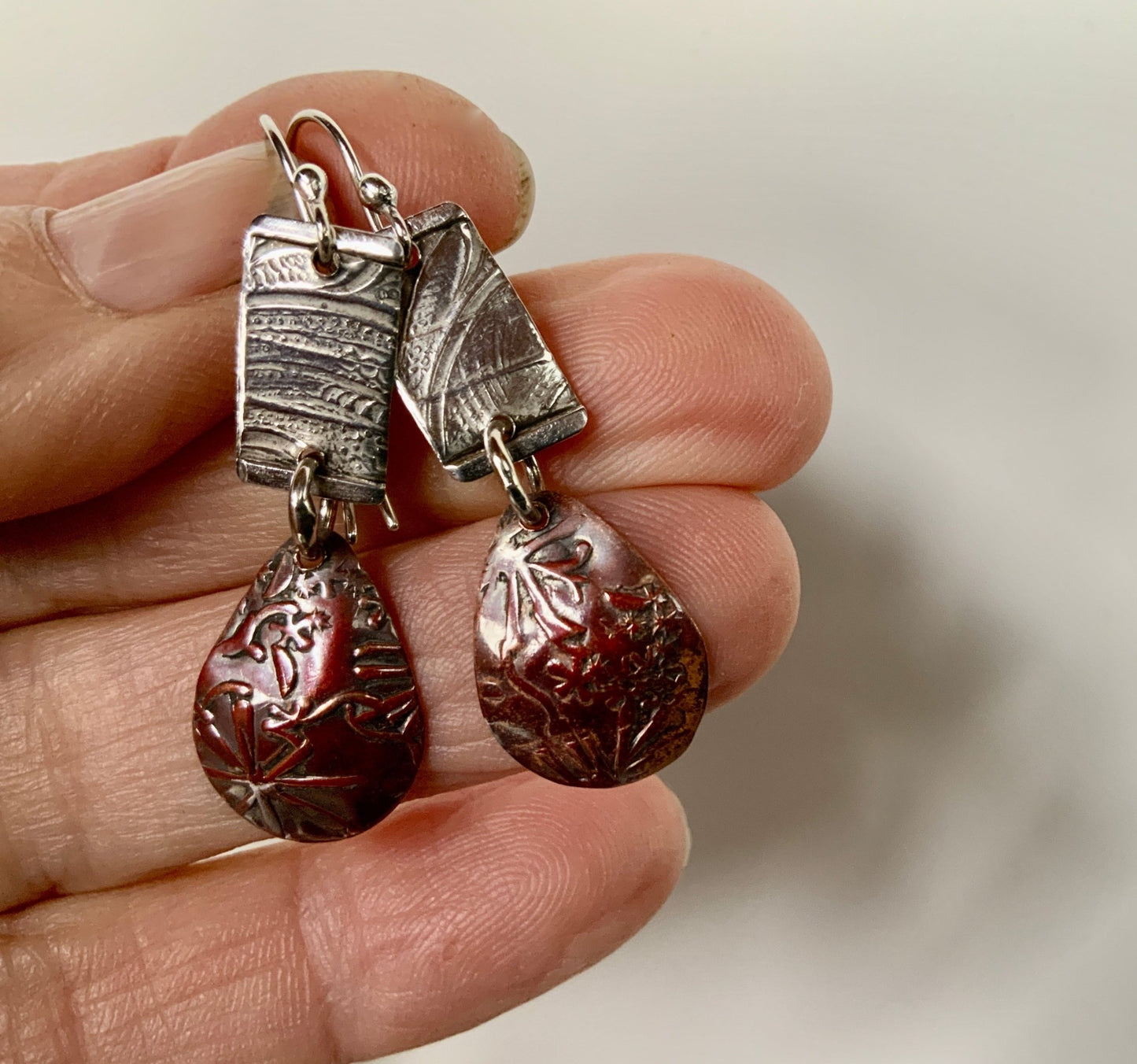 Copper and Silver Mixed Metal Dangly Earrings Smaller Size - Evitts Creek Arts