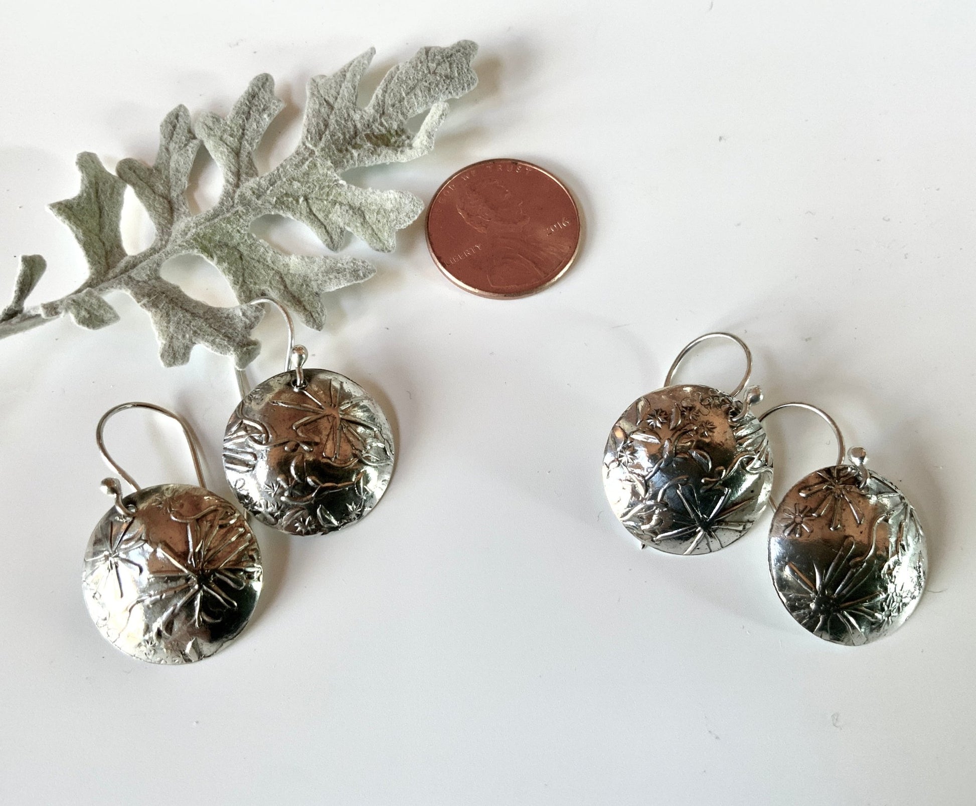 Embossed Flowers Silver Earrings - Evitts Creek Arts