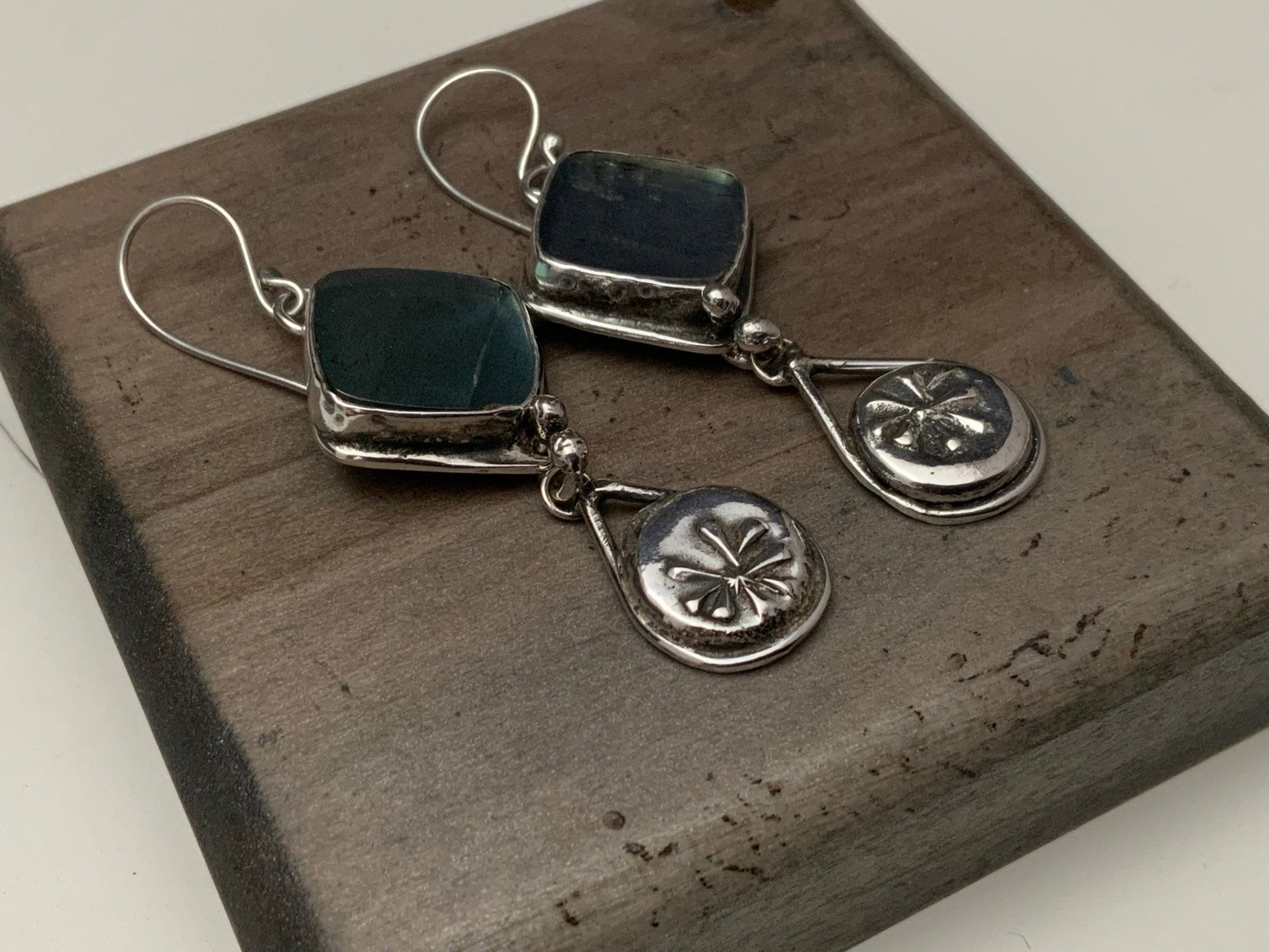 Labradorite Earrings with Native Flower Teardrop - Evitts Creek Arts