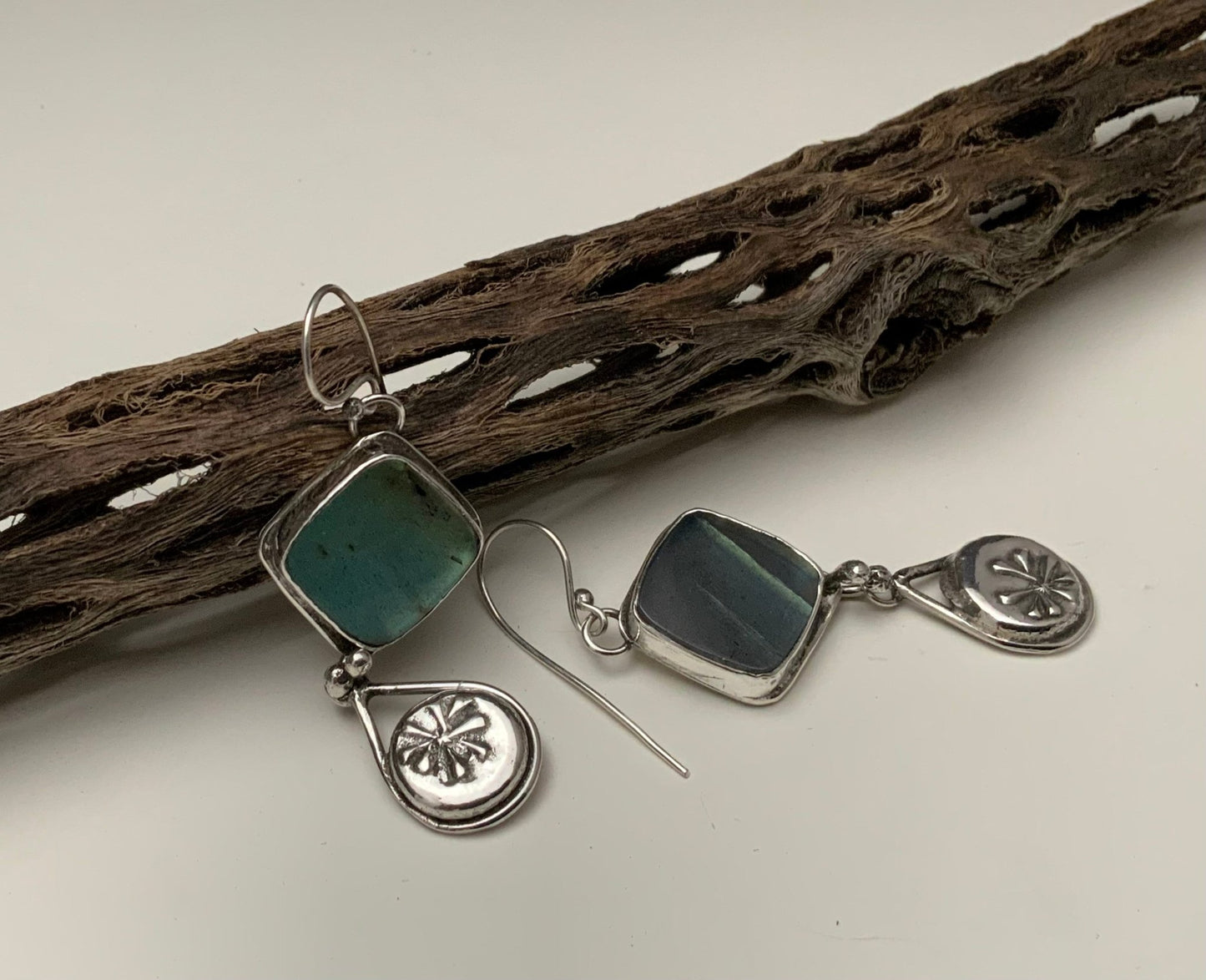 Labradorite Earrings with Native Flower Teardrop - Evitts Creek Arts