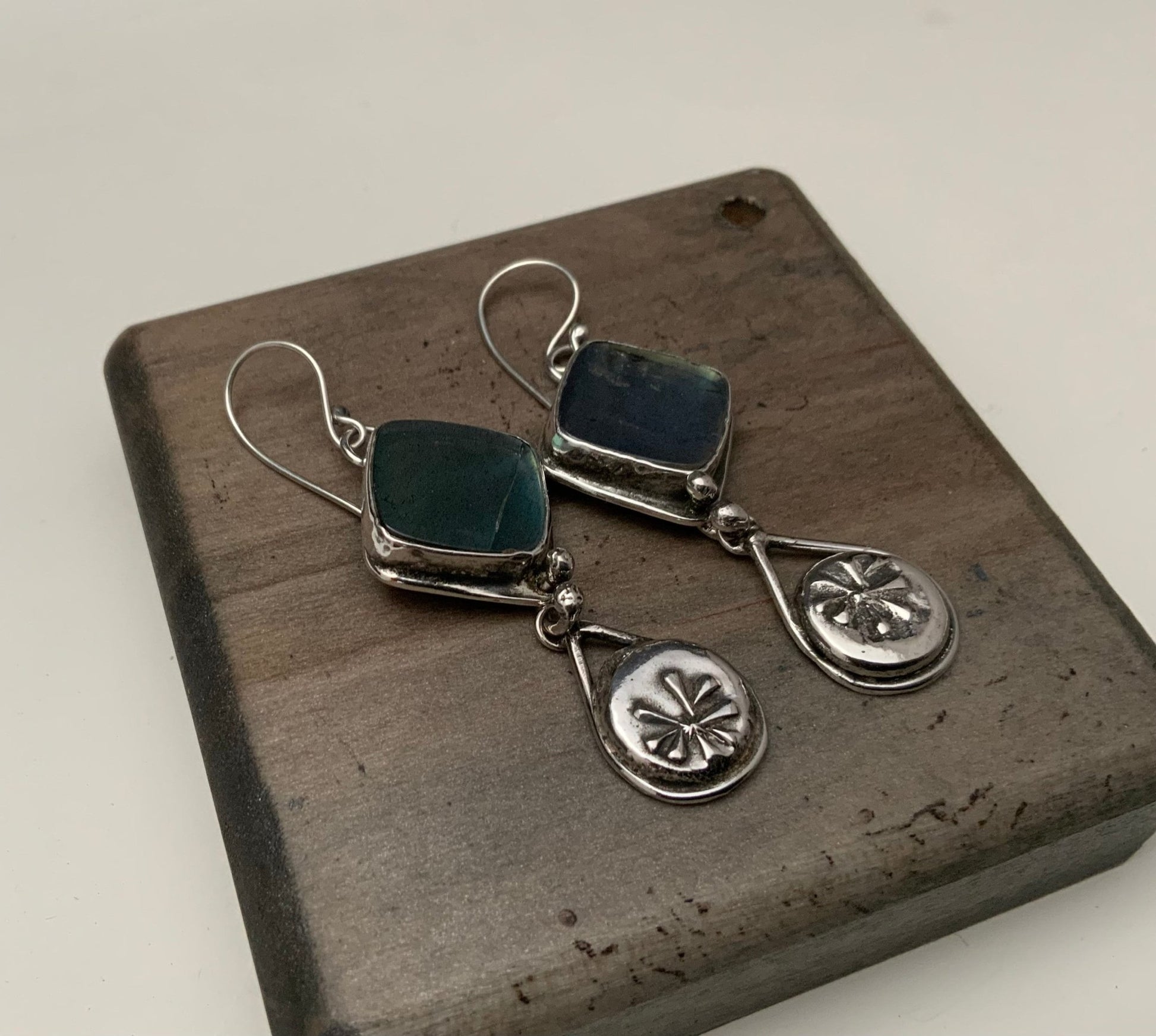 Labradorite Earrings with Native Flower Teardrop - Evitts Creek Arts