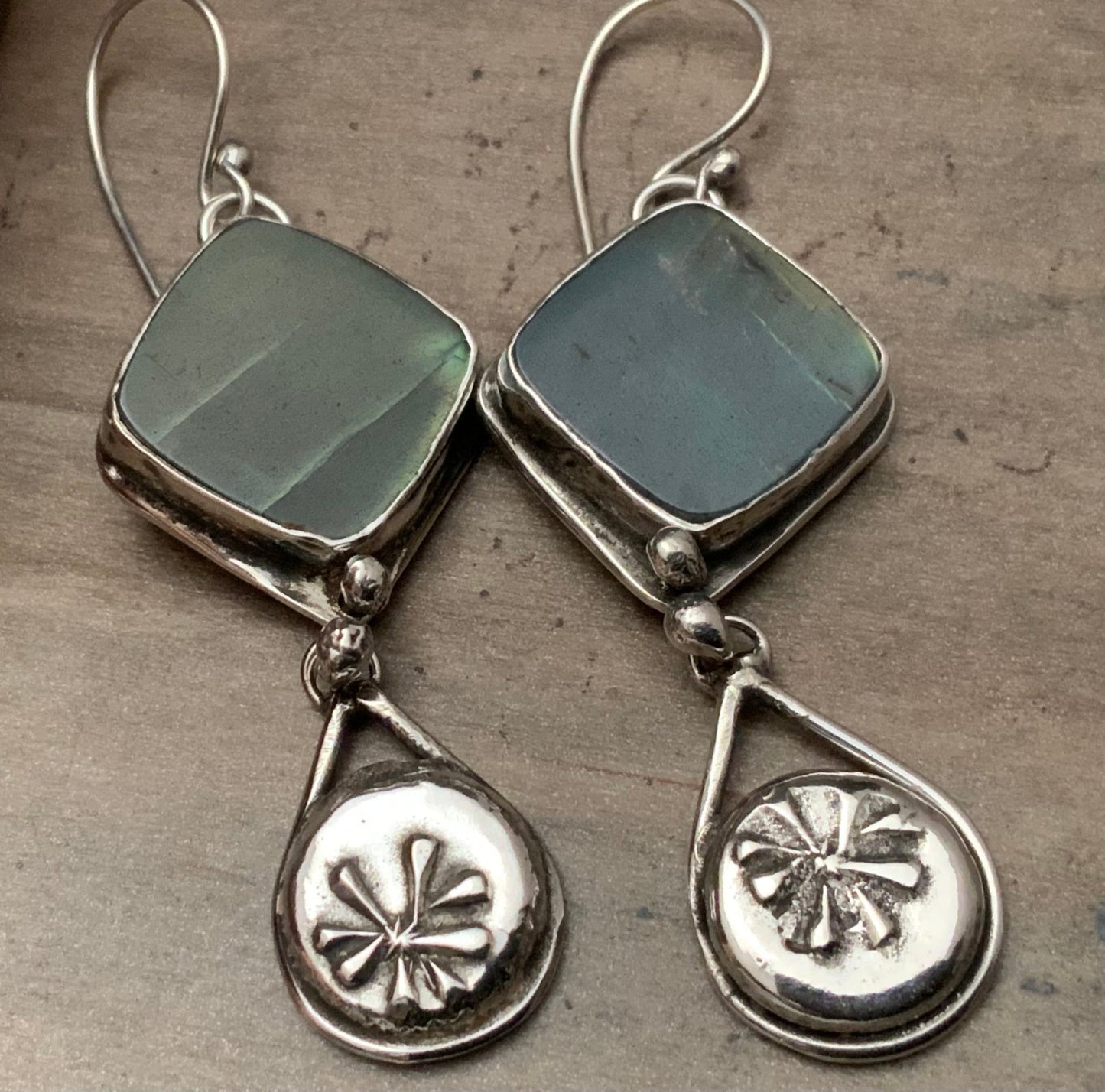 Labradorite Earrings with Native Flower Teardrop - Evitts Creek Arts