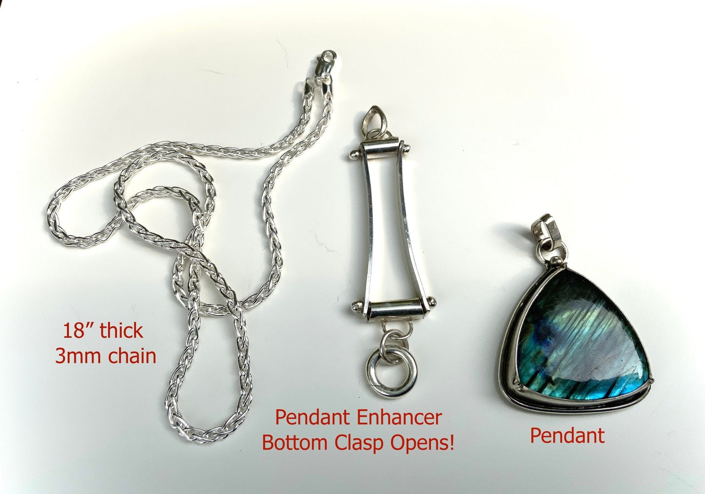 Labradorite Pendant and Enhancer on 18” Thick Sterling Silver Chain. - Evitts Creek Arts